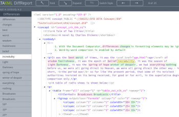 A browser screenshot of a DiffReport output from an XML Compare comparison